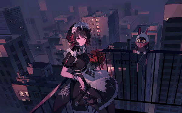 Captivating HD wallpaper showing Ellen Joe from Zenless Zone Zero. She stands on a rooftop at night with a city skyline behind her.